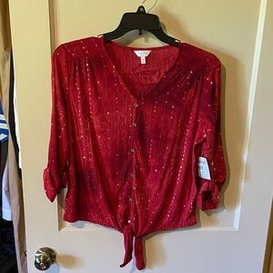 Cora Bay Red Sequin Faux Button-Up Blouse